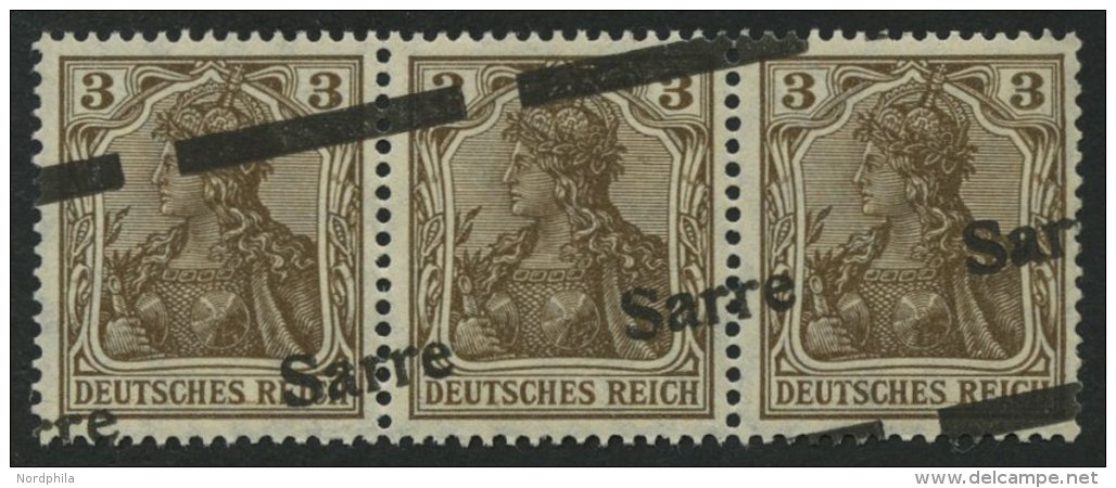 SAARGEBIET 3I F IV **, 1920, 3 Pf. Dunkelockerbraun, Type I, Diagonaler Aufdruck Im Waagerechten Dreierstreifen, Dabei D - Autres & Non Classés