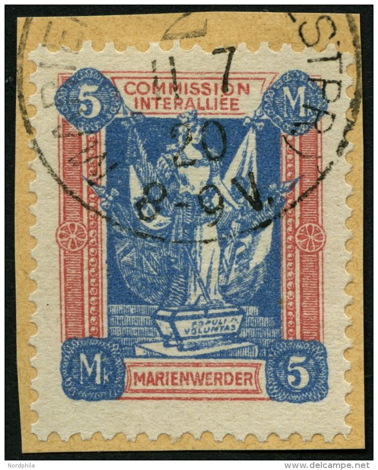 MARIENWERDER 14a BrfStk, 1920, 5 M. Ultramarin/hellrot, Prachtbriefstück, Mi. 120.- - Autres & Non Classés