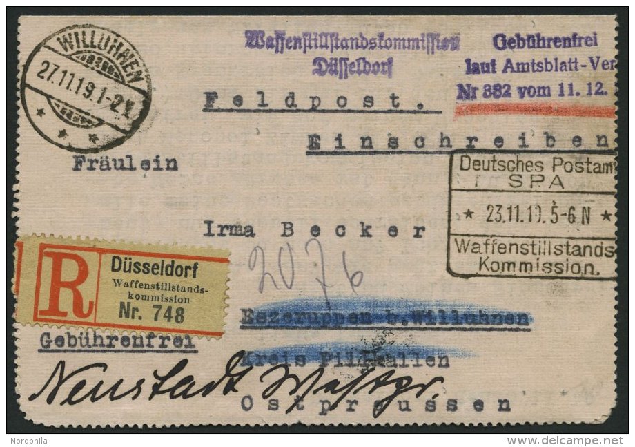 FELDPOST I.WK 1919, Einschreib-Feldpostkartenbrief Der Waffenstillstandskommission Düsseldorf über Willuhnen N - Oblitérés