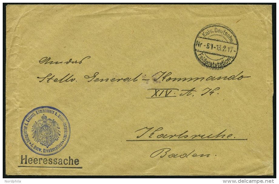 FELDPOST I.WK 1917, Heeressache Der Feldpoststation Nr. 51 Nach Karlsruhe, Mit Blauem Siegelstempel Delegierter D. Kasie - Oblitérés