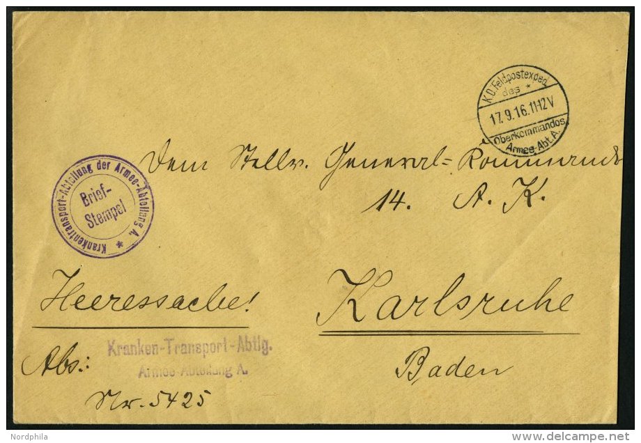FELDPOST I.WK 1916, Heeressache Mit Briefstempel Und Violettem L2 KRANKEN-TRANSPORT-ABTLG. ARMEE-ABTEILUNG A. Nach Karls - Usados