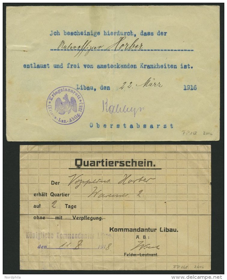 DT. FP IM BALTIKUM 1914/18 1916-18, 4 Interessante Feldpostbelege: U.a. Quartierschein, Fahrausweis Und Entlausungsbesch - Lettonie