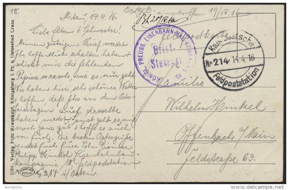 LETTLAND 2123 BRIEF, KAIS. DEUTSCHE FELDPOSTSTATION NR. 214, 14.4.16, Auf Ansichtskarte (Kowno) Von Mitau Nach Offenbach - Lettonie