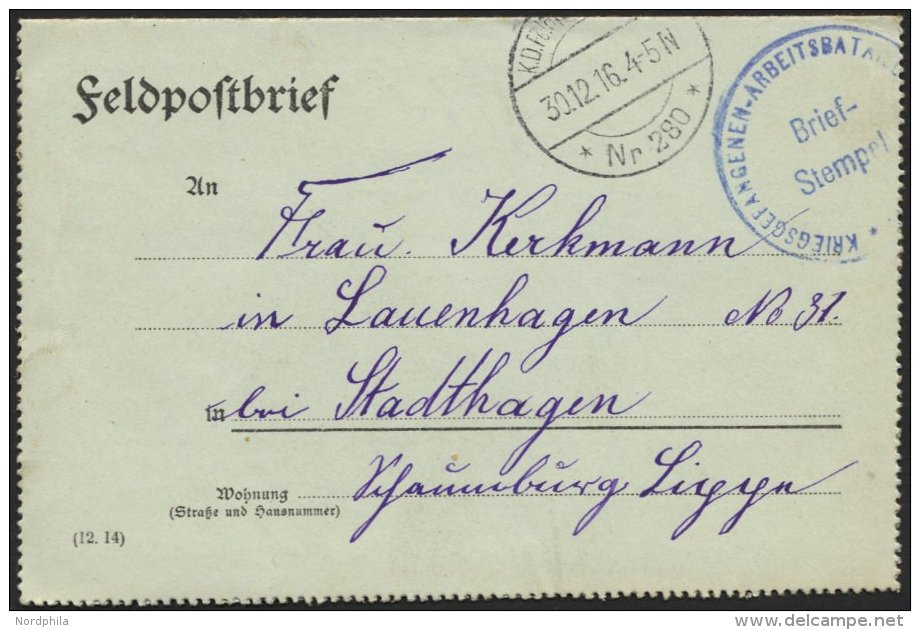 LETTLAND 2213I BRIEF, K.D. FELDPOSTSTATION NR. 280 **, Type I, 30.12.16, Auf Feldpostfalt-Brief Von Wainoden Nach Stadth - Lettonie