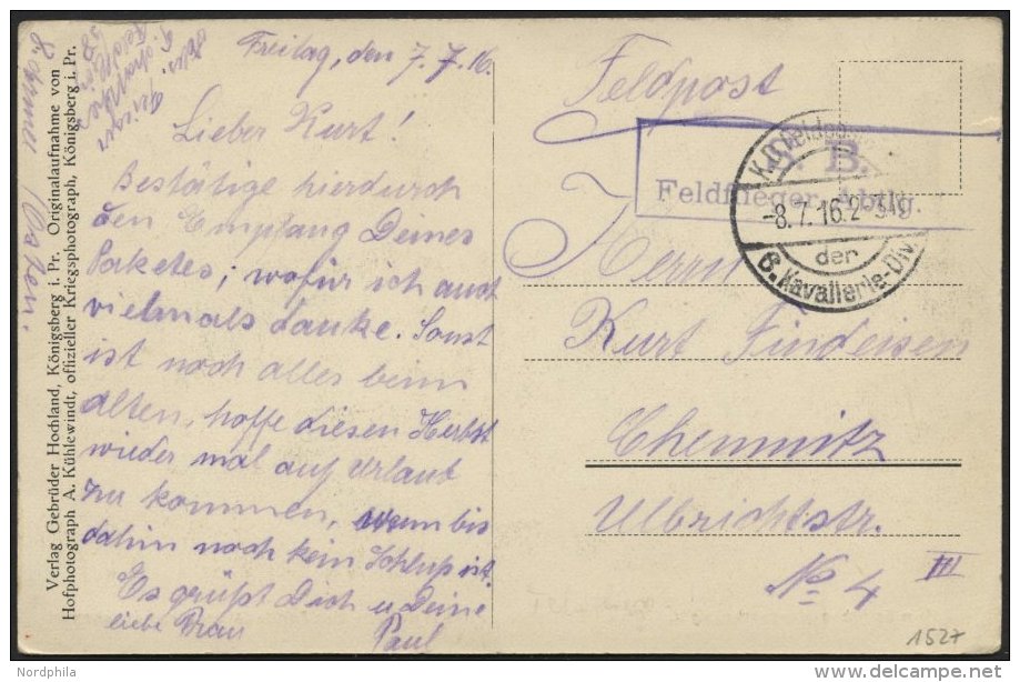 DT. FP IM BALTIKUM 1914/18 K.D. FELDPOSTEXP. DER 6. KAVALLERIE-DIV., 8.7.16, Auf Ansichtskarte (Mitau-Totalblick In Das - Lettonie