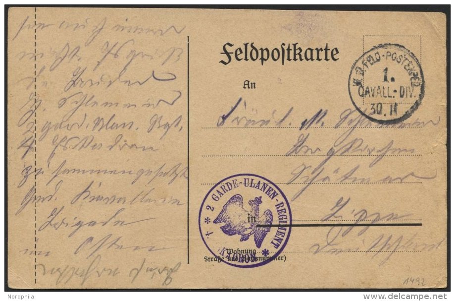 DT. FP IM BALTIKUM 1914/18 K.D. FELD-POSTEXPED. CAVALL.-DIV., 30.11.15, Auf Feldpost-Vordruckkarte, Mit Violettem Truppe - Lettonie