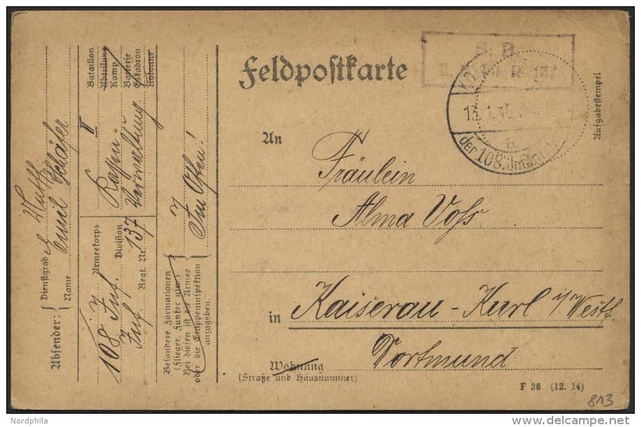 DT. FP IM BALTIKUM 1914/18 K.D. FELDPOSTEXPED. DER 108. INFANT.-DIV. A, 13.1.16, Auf Feldpost-Vordruckkarte Nach Kaisera - Lettonie