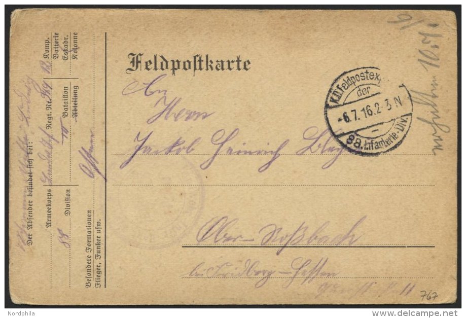 LETTLAND 767 BRIEF, K.D. FELDPOSTEXPED. 88. INFANTERIE-DIV., 6.7.16, Auf Feldpost-Vordruckkarte Mit Briefstempel Und Fel - Lettonie