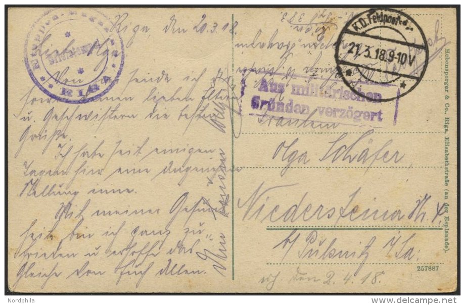 LETTLAND Feldpoststation Nr. 383, 21.3.18, Mit Aptiertem Stempel K.D. FELDPOST ** Auf Farbiger Ansichtskarte (Riga-Kathe - Lettonie