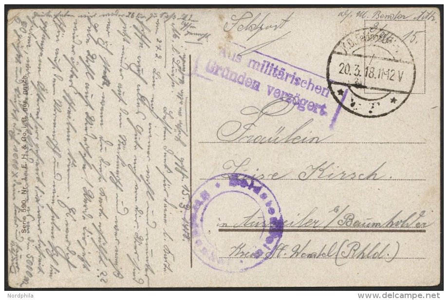 LETTLAND Feldpoststation Nr. 383, 20.3.18, Mit Aptiertem Stempel K.D. FELDPOST ** Auf Farbiger Kitschkarte (Ulanengr&uum - Lettonie