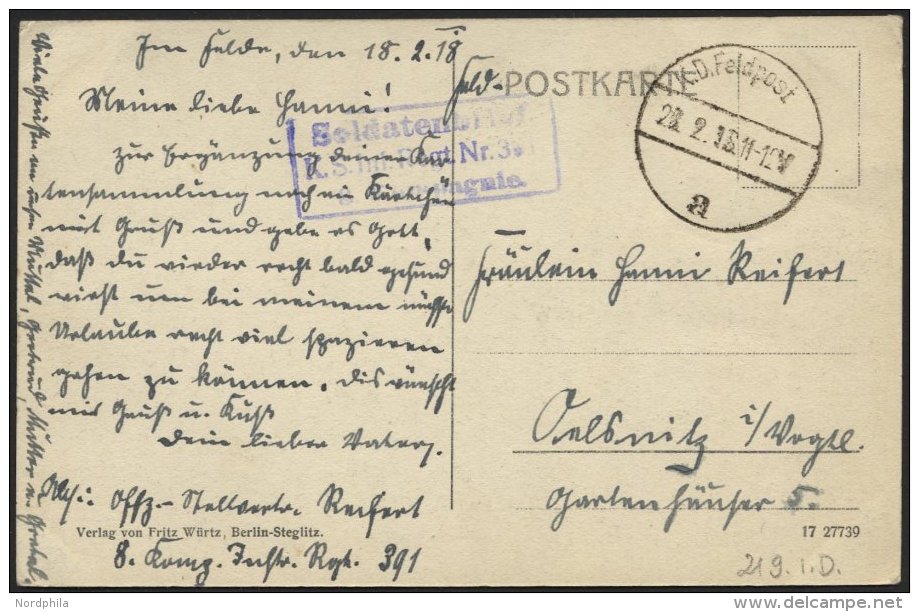 DT. FP IM BALTIKUM 1914/18 219. Infanterie-Division, 20.2.18, Mit Ausgestanztem Stempel K.D. FELDPOST A Auf Ansichtskart - Lettonia
