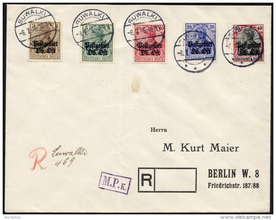 POSTGEBIET OB.OST 2,3,5,8,10 BRIEF, 1916, 5 Werte Auf Einschreibbrief Von SUWALKI Nach Berlin, Mit Handgeschriebenem R-V - Autres & Non Classés