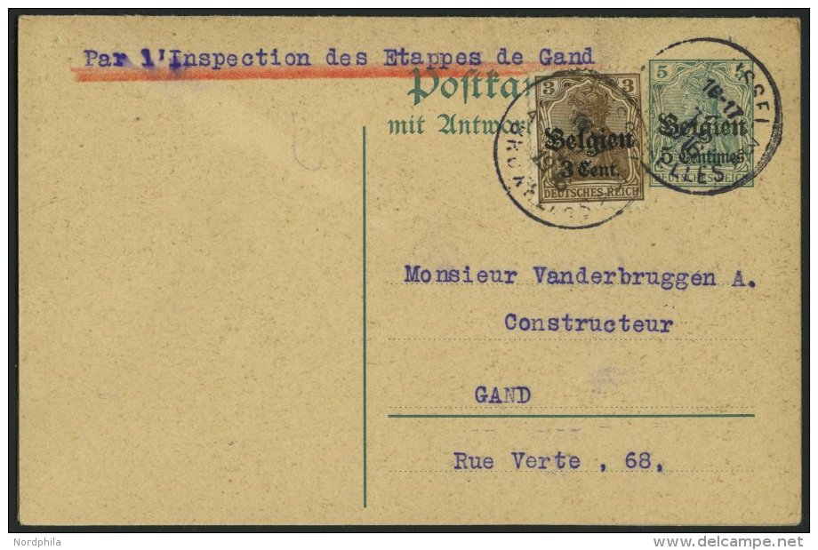 LANDESPOST IN BELGIEN P 4 BRIEF, Ganzsachen: 1915, 5 C. Auf 5 Pf., Frage- Und Antwortteil, Mit 3 C. Auf 3 Pf. Zusatzfran - Occupation 1914-18