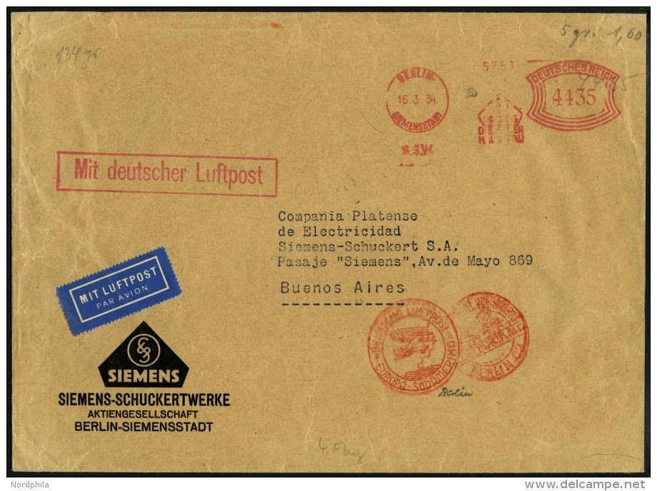 DEUTSCHE SCHIFFSPOST 1934, Großformatiger Luftpostbrief Von BERLIN Nach Argentinien, Roter Freistempler über - Maritime