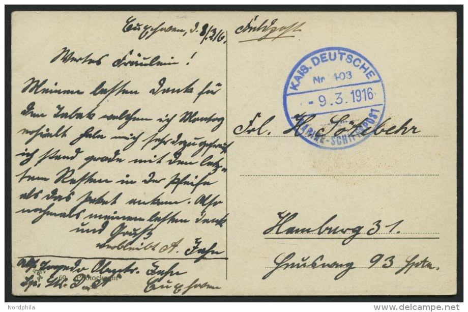 MSP VON 1914 - 1918 403 (Sperrfahrzeugdivision Der Elbe) In Blau, 9.3.1916, Feldpostkarte Von Bord Eines Sperrfahrzeuges - Maritime