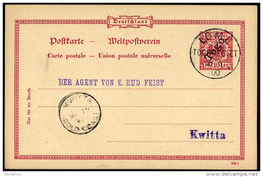 TOGO P 2 BRIEF, 1898, 10 Pf. Karmin, Rückseitig Unbeschriftet, Mit Ankunftsstempel KWITTA-GOLD COAST, Pracht, Mi. 7 - Togo