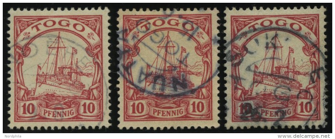 TOGO 9 O, 1900, 10 Pf. Dunkelkarminrot, Ohne Wz., Mit Stempeln NOEPE, NUATYA Und SOKODE, Feinst/Pracht - Togo