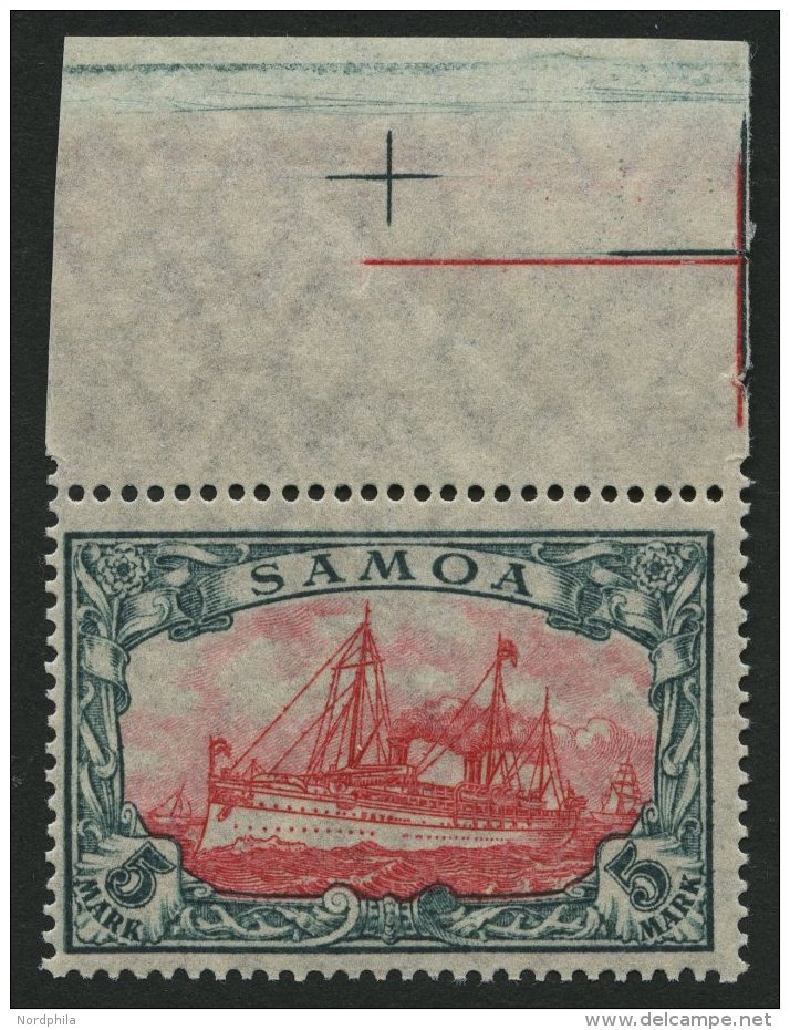 SAMOA 23IIB **, 1915, 5 M. Grünschwarz/dunkelkarmin, Mit Wz., Kriegsdruck, Oberrandstück, Postfrisch, Pracht, - Samoa