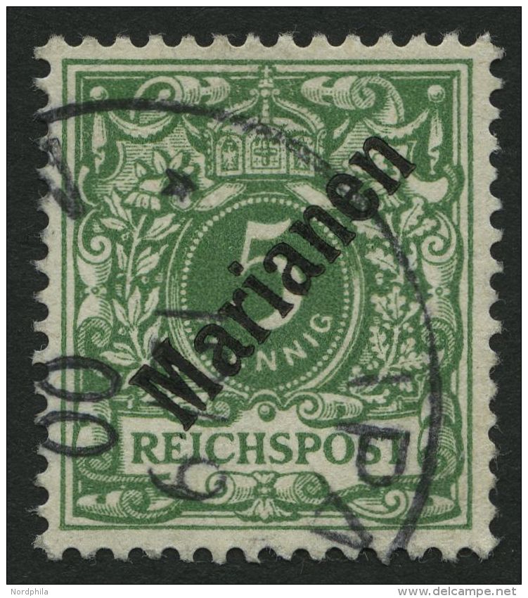 MARIANEN 2I O, 1899, 5 Pf. Diagonaler Aufdruck, Stempel SAIPAN 12.9.00 (Sorte I), Winziger Eckbug Sonst Pracht, Fotoatte - Mariannes