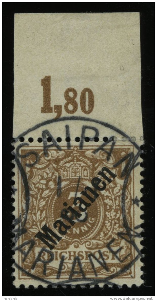 MARIANEN 1I O, 1899, 3 Pf. Diagonaler Aufdruck, Oberrandstück (Perforation Rechts Minimal Angetrennt), Stempel SAIP - Mariannes