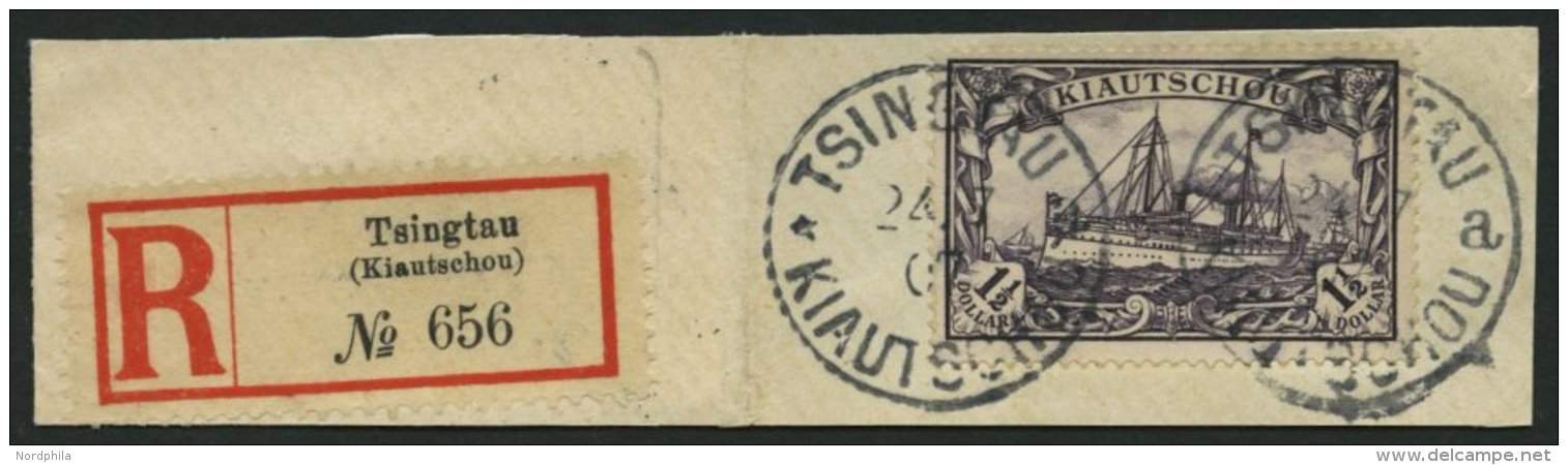 KIAUTSCHOU 26A BrfStk, 1905, 11/2 $ Schwarzviolett, Ohne Wz., Gezähnt A, Großes Prachtbriefstück Mit R-Z - Kiautchou