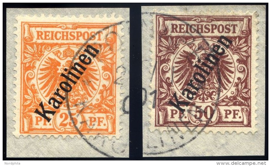 KAROLINEN 5a,6II BrfStk, 1900, 25 Und 50 Pf. Steiler Aufdruck, 2 Prachtbriefstücke, Mi. 140.- - Carolines