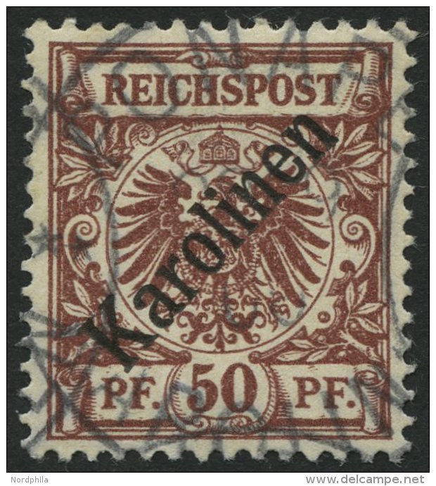 KAROLINEN 6I O, 1899, 50 Pf. Diagonaler Aufdruck, Pracht, Gepr. Drahn, Mi. 1800.- - Carolines