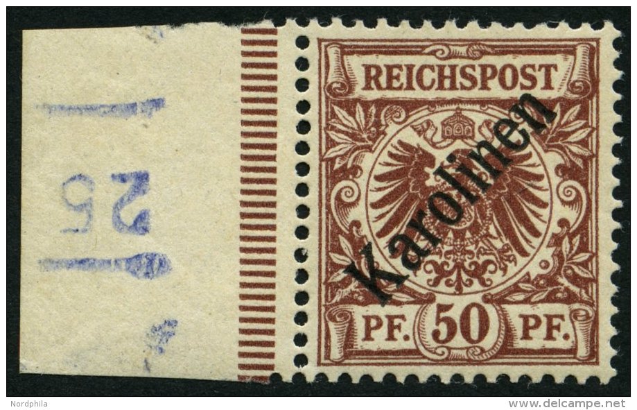 KAROLINEN 6I *, 1899, 50 Pf. Diagonaler Aufdruck, Linkes Randstück, Fast Postfrisch, Kabinett, Fotoattest Steuer, M - Islas Carolinas