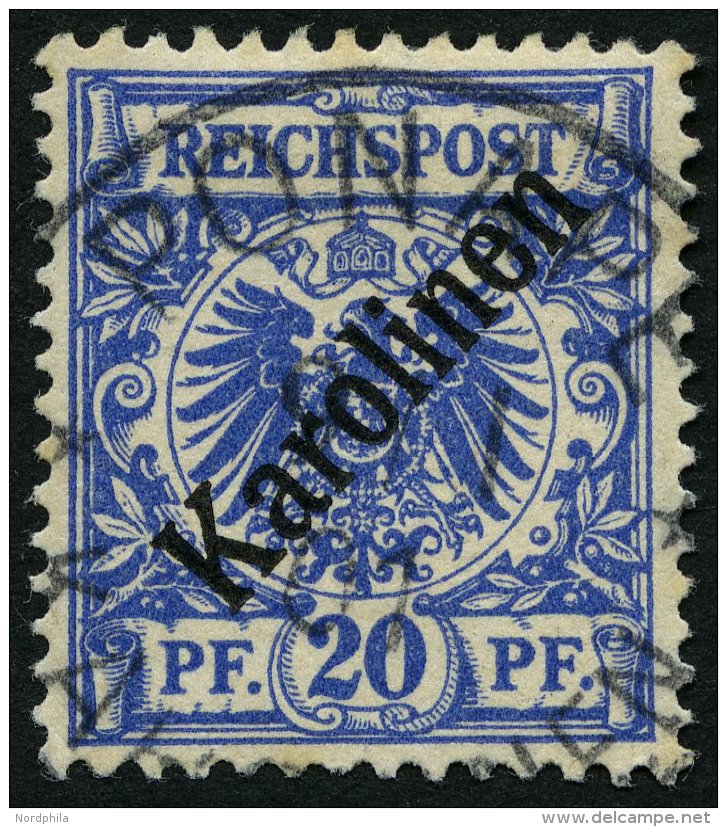 KAROLINEN 4I O, 1899, 20 Pf. Diagonaler Aufdruck, Pracht, Gepr. Steuer, Mi. 160.- - Carolines