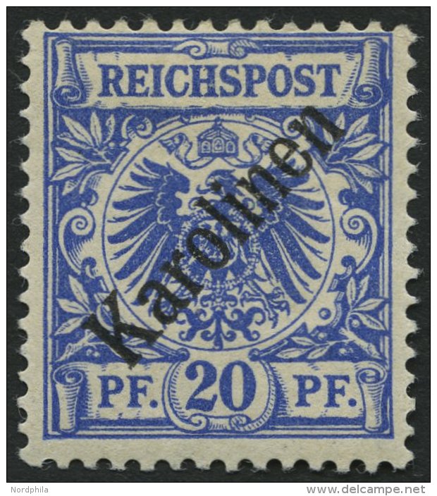 KAROLINEN 4I *, 1899, 20 Pf. Diagonaler Aufdruck, Falzreste, Pracht, Gepr. Bothe, Mi. 75.- - Carolines