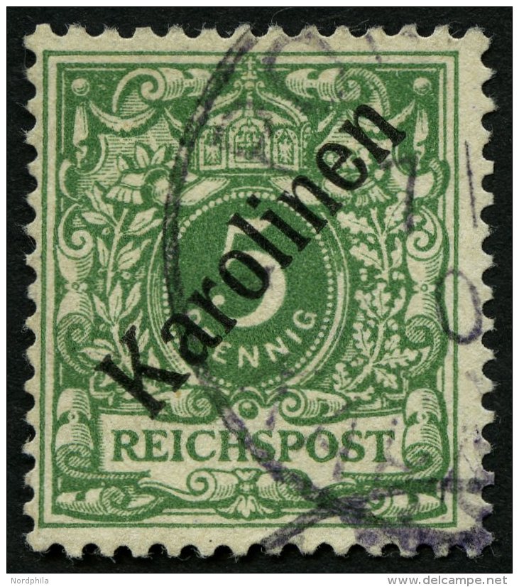 KAROLINEN 2I O, 1899, 5 Pf. Diagonaler Aufdruck, Pracht, Gepr. Pfenninger, Mi. 750.- - Carolines