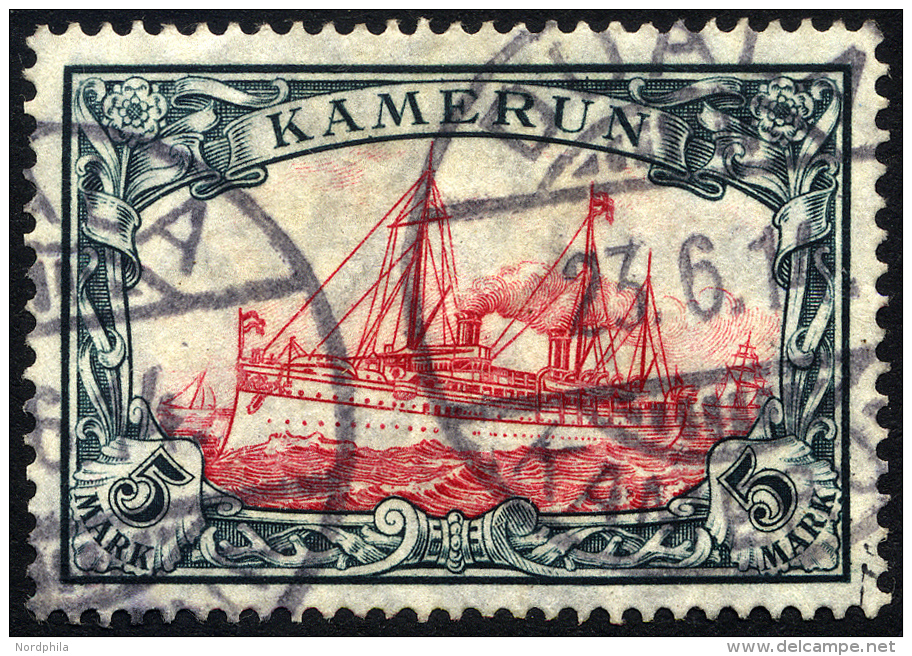 KAMERUN 25IA O, 1913, 5 M. Grünschwarz/karminrot, Mit Wz., Stempel DUALA, Pracht, R!, Gepr. W. Engel Sowie 3 Fotoat - Cameroun