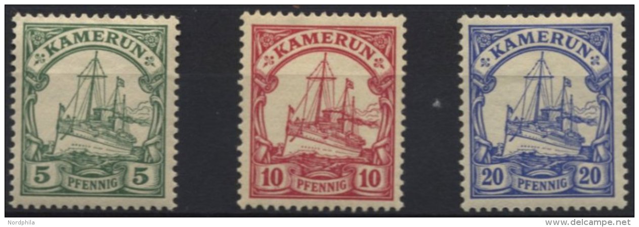 KAMERUN 8-10 *, 1900, 5 - 20 Pf. Kaiseryacht, Ohne Wz., Falzreste, 3 Prachtwerte, Mi. 89.- - Cameroun