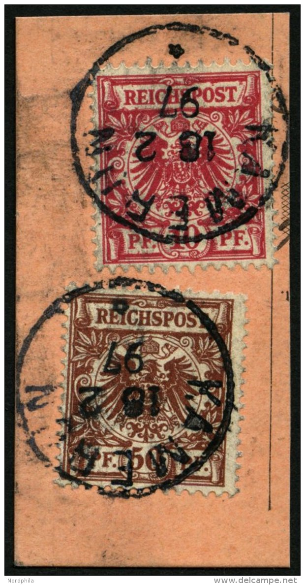 KAMERUN V 47d,50d BrfStk, 1897, 10 Pf. Lebhaftlilarot Und 50 Pf. Lebhaftrötlichbraun Auf Postabschnitt, Stempel KAM - Cameroun