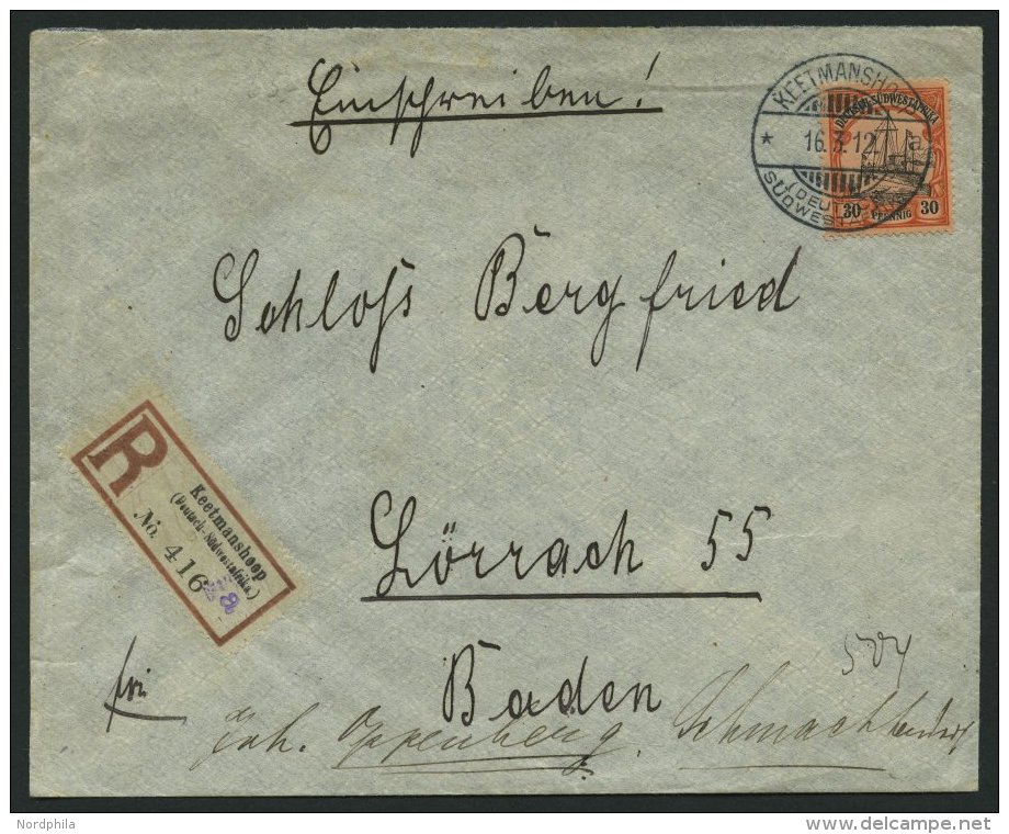 DSWA 16 BRIEF, 1901, 30 Pf. Rötlichorange/rotschwarz Auf Mattgelblichorange, Ohne Wz., Einzelfrankatur Auf Einschre - Sud-Ouest Africain Allemand