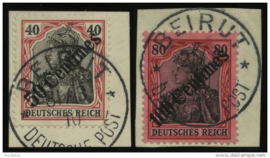 DP TÜRKEI 51/2 BrfStk, 1908, 50 C. Auf 40 Pf.und 100 C. Auf 80 Pf. Diagonaler Aufdruck, 2 Prachtbriefstücke, M - Turquie (bureaux)