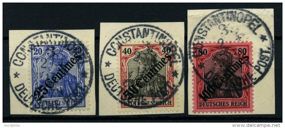 DP TÜRKEI 50-52 BrfStk, 1908, 25 C. Auf 20 - 100 C Auf 80 Diagonaler Aufdruck Mit Stempeln CONSTANTINOPEL 3 **, 3 P - Turquie (bureaux)