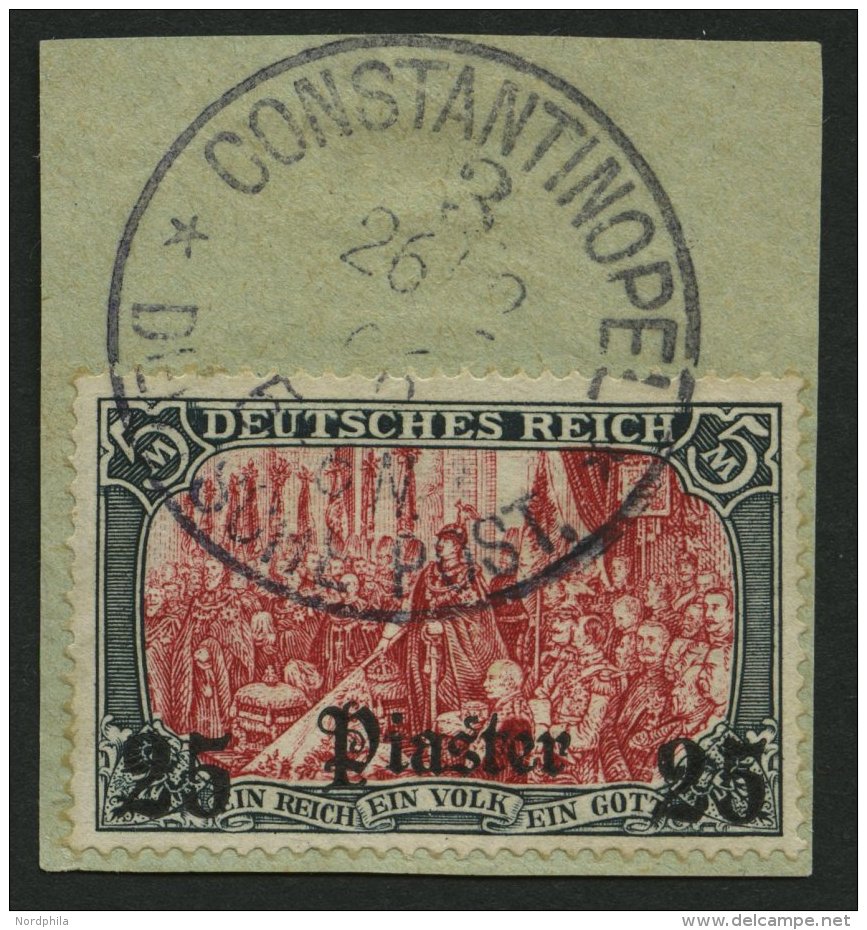 DP TÜRKEI 35a BrfStk, 1905, 25 Pia. Auf 5 M., Ohne Wz., Gelblichrot Quarzend, Prachtbriefstück, Signiert, Mi. - Turquie (bureaux)