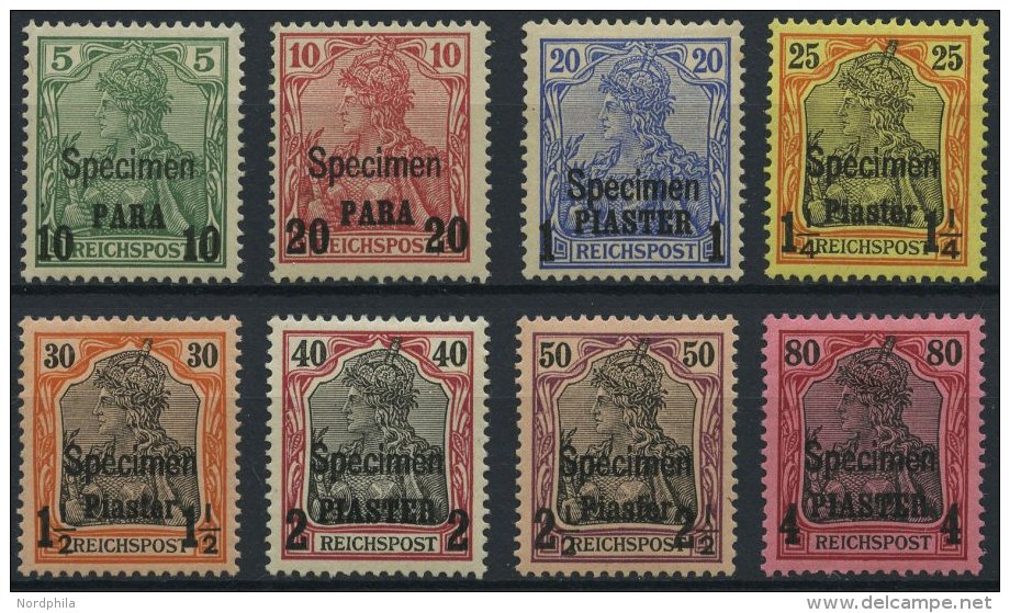 DP TÜRKEI 12-19ISP *, 1900, 10 PA. Auf 5 Pf. - 4 PIA. Auf 80 Pf., Aufdruck SPECIMEN, Falzrest, 8 Prachtwerte, Mi. 1 - Turquie (bureaux)