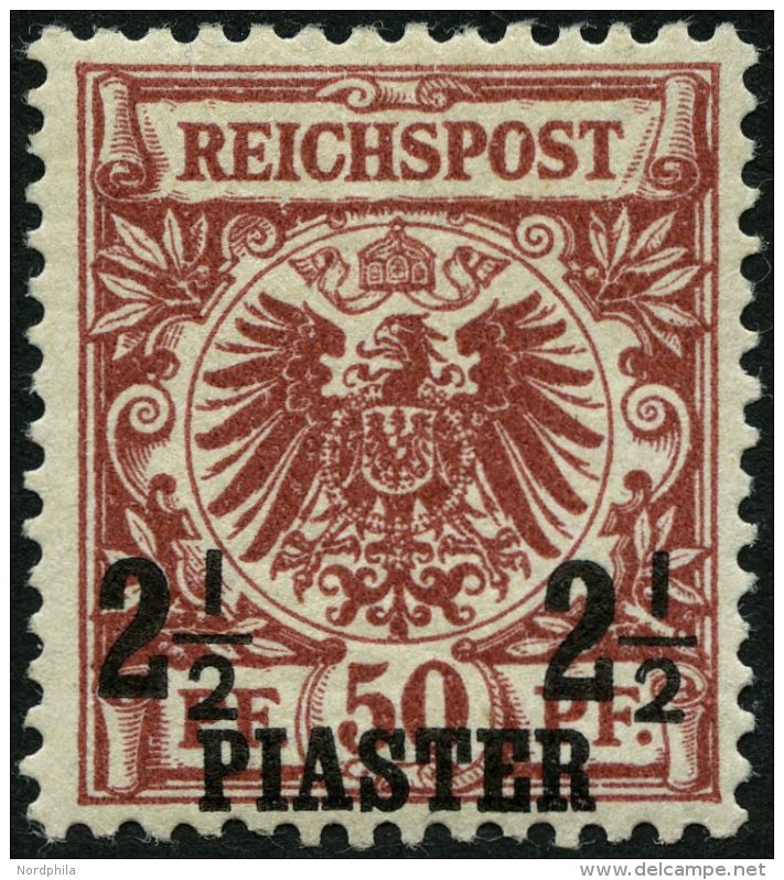 DP TÜRKEI 10a *, 1889, 21/2 PIA. Auf 50 Pf. Bräunlichrot, Falzreste, Pracht, Fotoattest Steuer, Mi. 440.- - Turquie (bureaux)