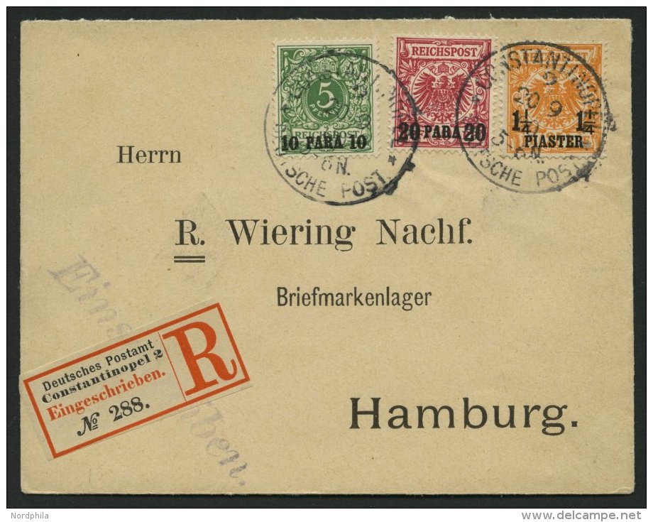 DP TÜRKEI 6c,7d,9b BRIEF, 1900, Dreifarbenfrankatur Auf Einschreibbrief Von CONSTANTINOPEL 2 Nach Hamburg, Pracht - Turquie (bureaux)