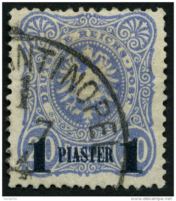 DP TÜRKEI 3b O, 1884, 1 PIA. Auf 20 Pf. Violettultramarin, Aufdruck Blauschwarz, üblich Gezähnt Pracht, M - Turquie (bureaux)