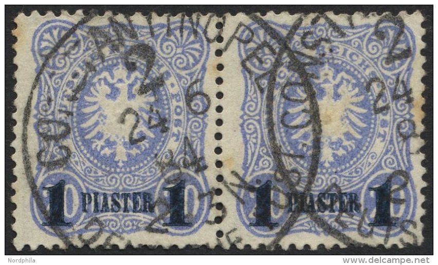 DP TÜRKEI 3b Paar O, 1884, 1 PIA. Auf 20 Pf. Violettultramarin, Aufdruck Blauschwarz, Im Waagerechten Paar, Feinst - Turquie (bureaux)