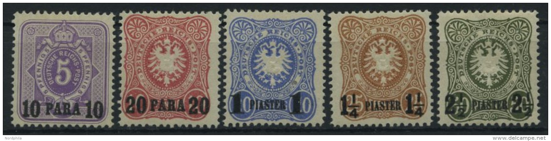 DP TÜRKEI 1-5Na *, 1891, 10 PA. Auf 5 Pf. - 21/2 PIA. Auf 50 Pf., Nachdruck, Falzrest, Prachtsatz, Mi. 205.- - Turquie (bureaux)