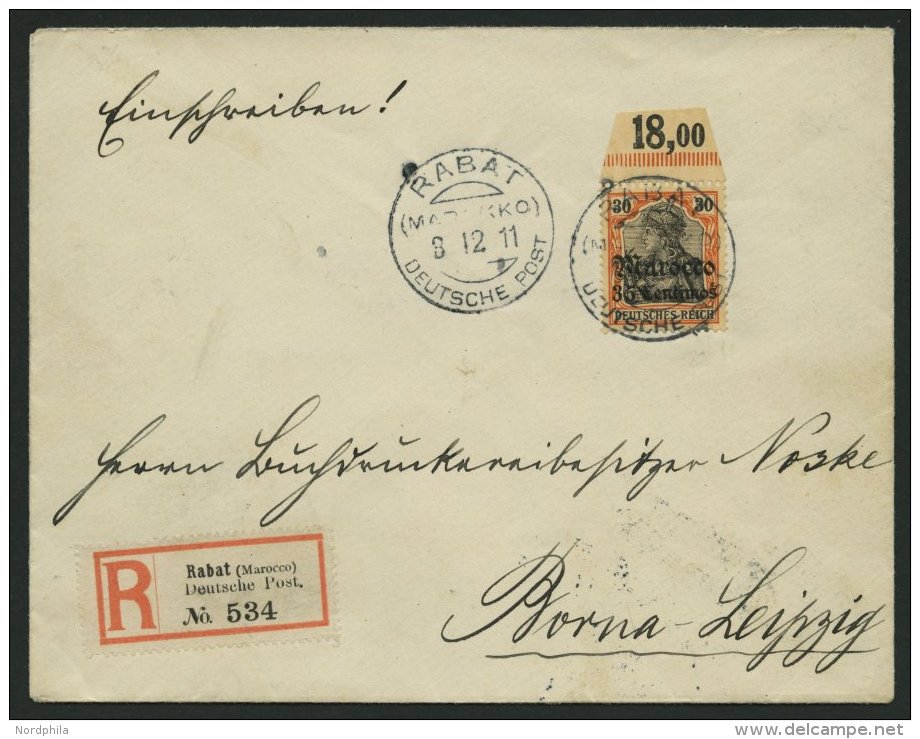 DP IN MAROKKO 39 BRIEF, 1908, 35 C. Auf 30 Pf., Mit Wz., Oberrandstück Auf Einschreibbrief Mit Stempel RABAT (KK) ( - Maroc (bureaux)