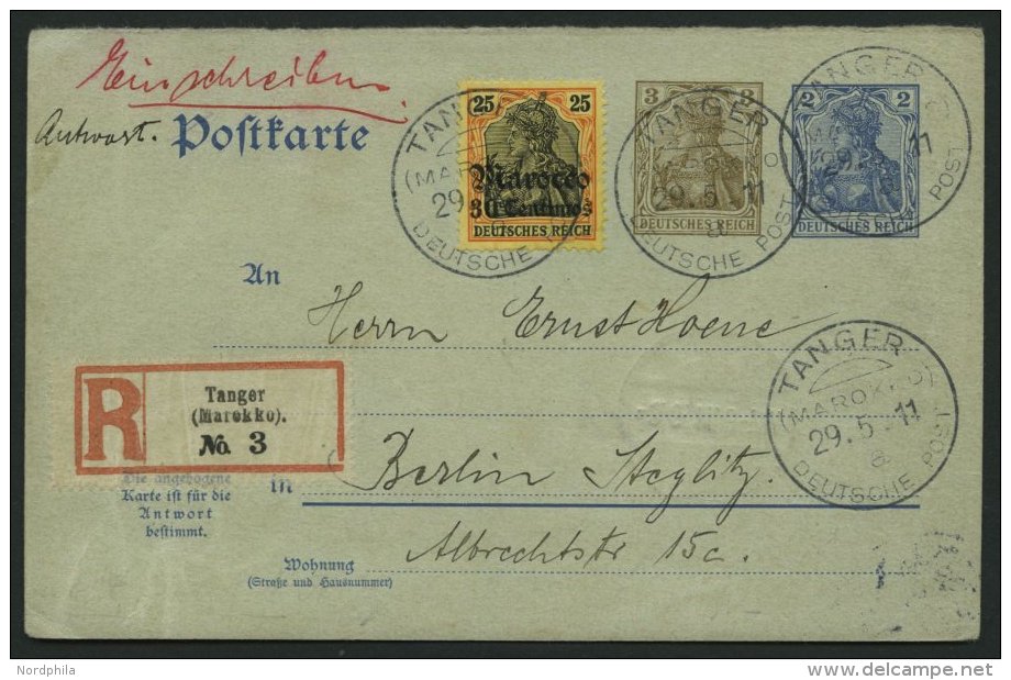 DP IN MAROKKO 38 BRIEF, 1913, 30 C. Auf 25 Pf., Mit Wz., Als Zusatzfrankatur Auf 2 + 3 Pf. Dt. Reich-Antwort-Ganzsachenk - Maroc (bureaux)