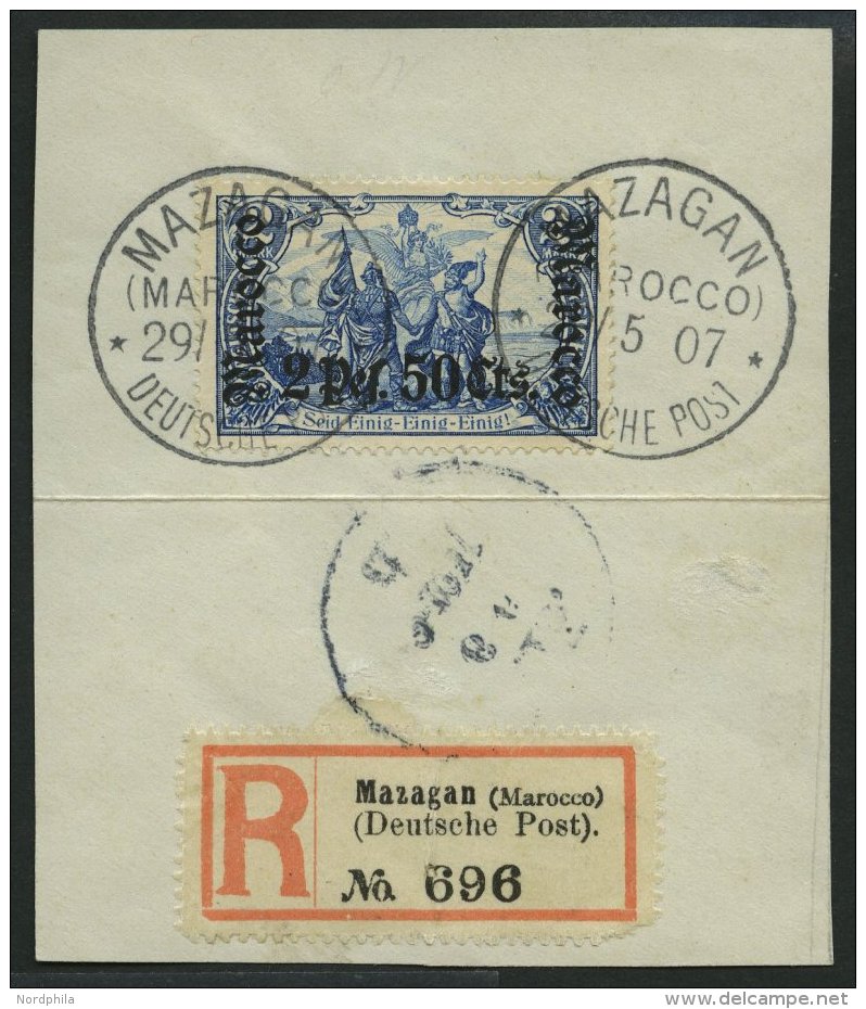 DP IN MAROKKO 31 BrfStk, 1905, 2 P. 50 C. Auf 2 M., Ohne Wz., Stempel MAZAGAN, Prachtbriefstück Mit R-Zettel - Maroc (bureaux)