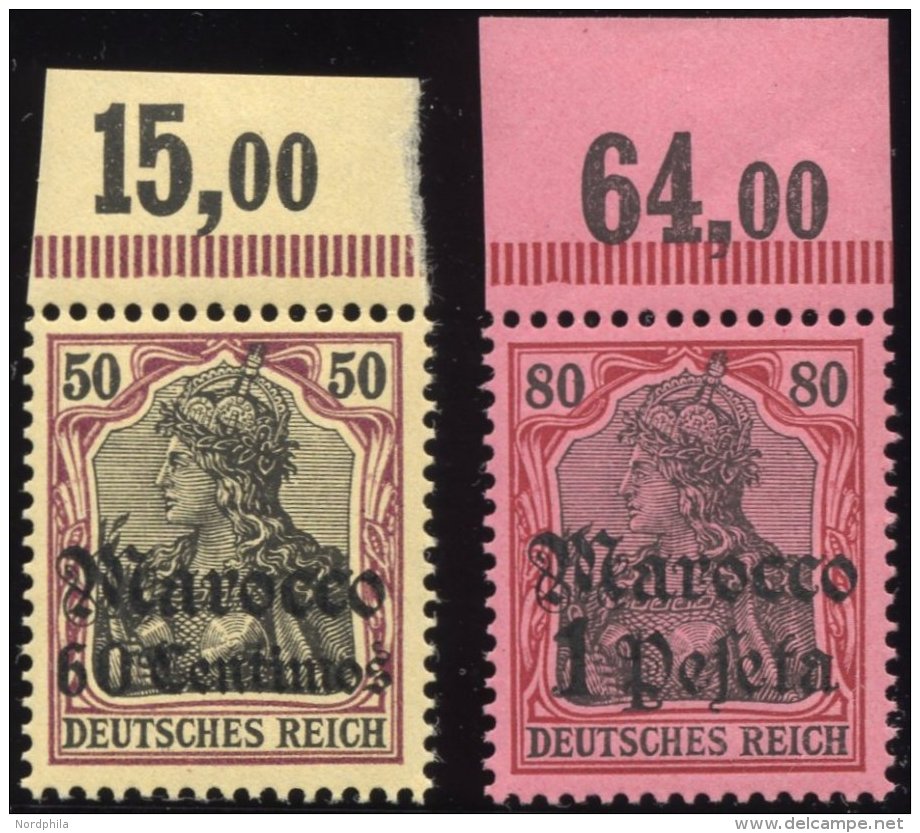DP IN MAROKKO 28/9 **, 1905, 60 C. Auf 50 Pf. Und 1 P. Auf 80 Pf., Ohne Wz., Je Vom Oberrand, Postfrisch, Pracht, Mi. 14 - Maroc (bureaux)