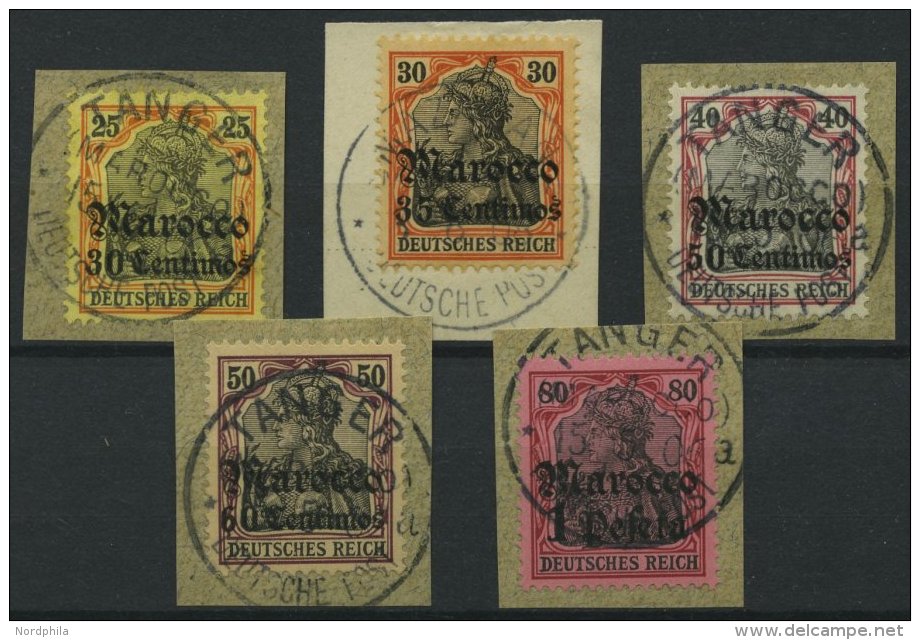 DP IN MAROKKO 25-29 BrfStk, 1905, 30 C. Auf 25 P. - 1 P. Auf 80 Pf., Ohne Wz., 5 Zentrisch Gestempelte Prachtbriefst&uum - Maroc (bureaux)