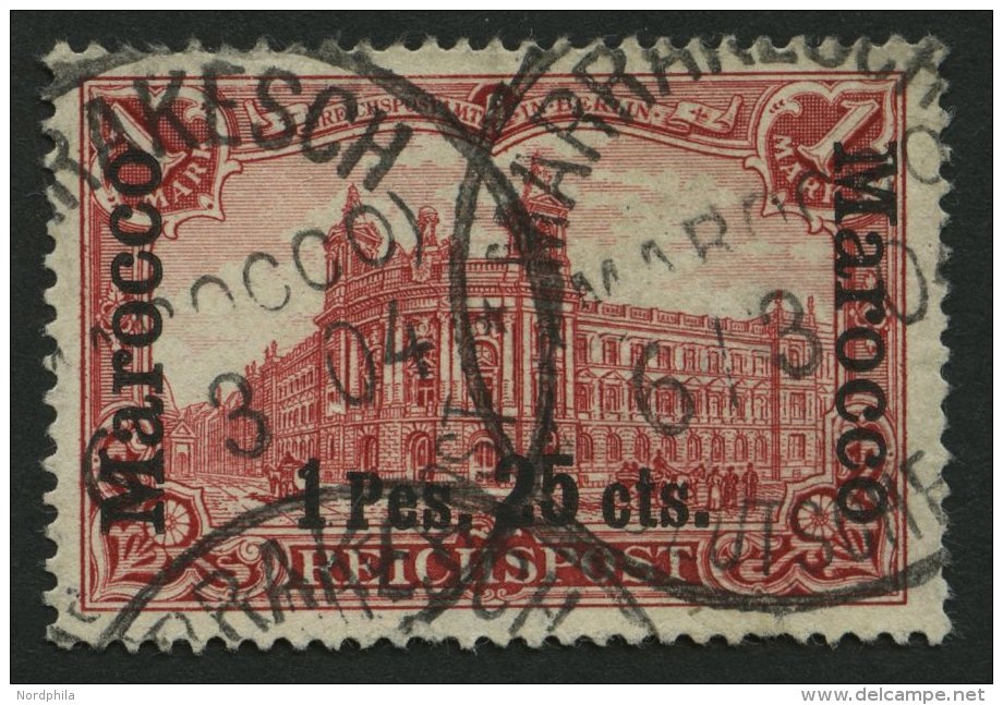 DP IN MAROKKO 16II O, 1903, 1 P. 25 C. Auf 1 M. Fetter Aufdruck, Mit Tiefer Stehendem Aufdruck, üblich Gezähnt - Maroc (bureaux)